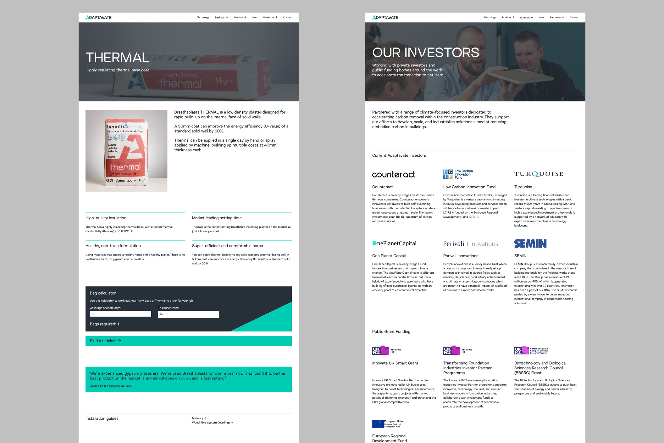 Website product page and investors page
