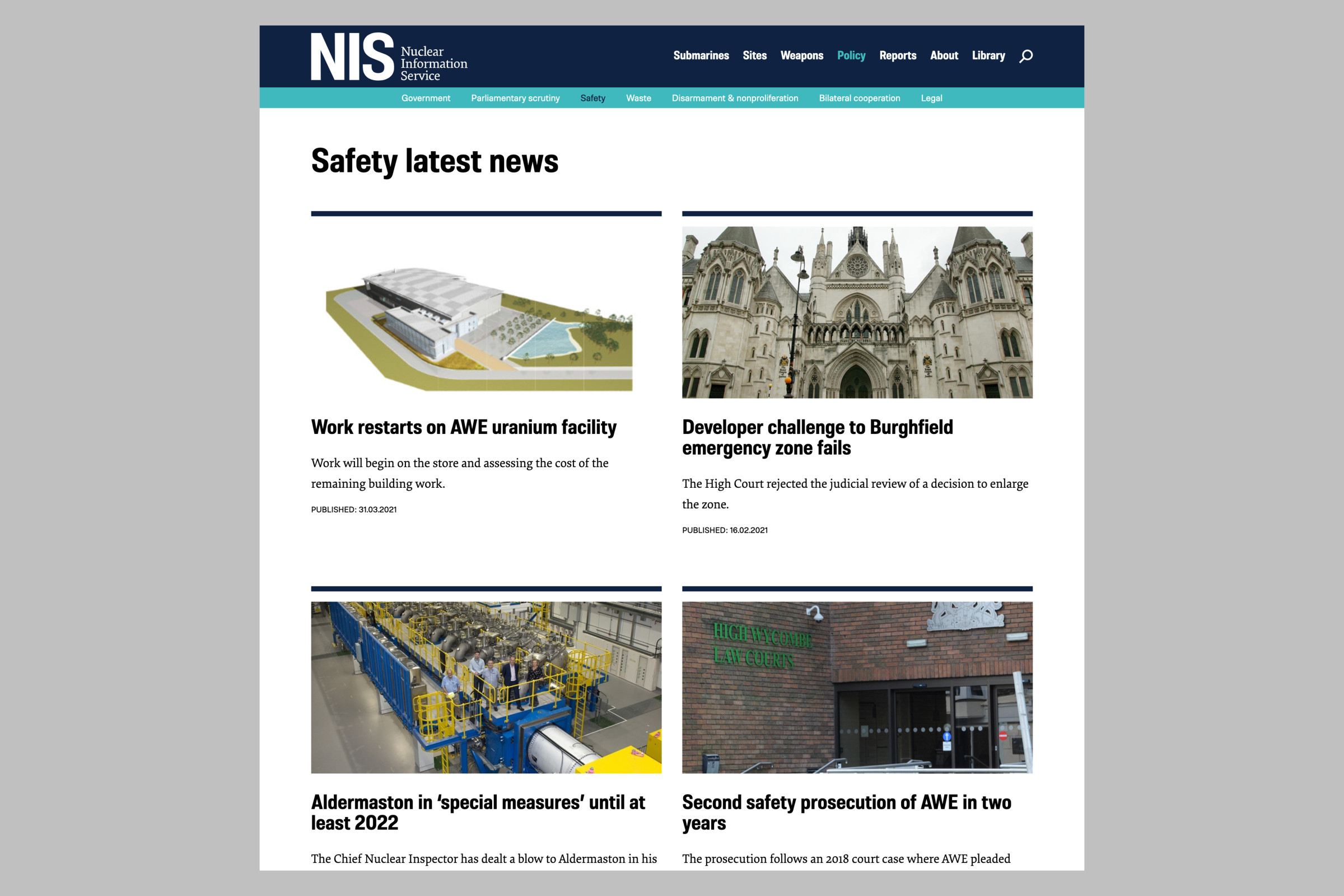 Nuclear Information Service website safety page