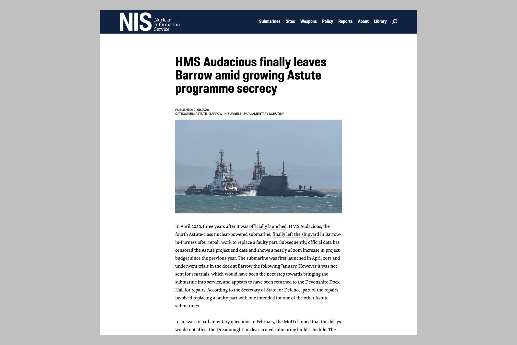 Nuclear Information Service website article