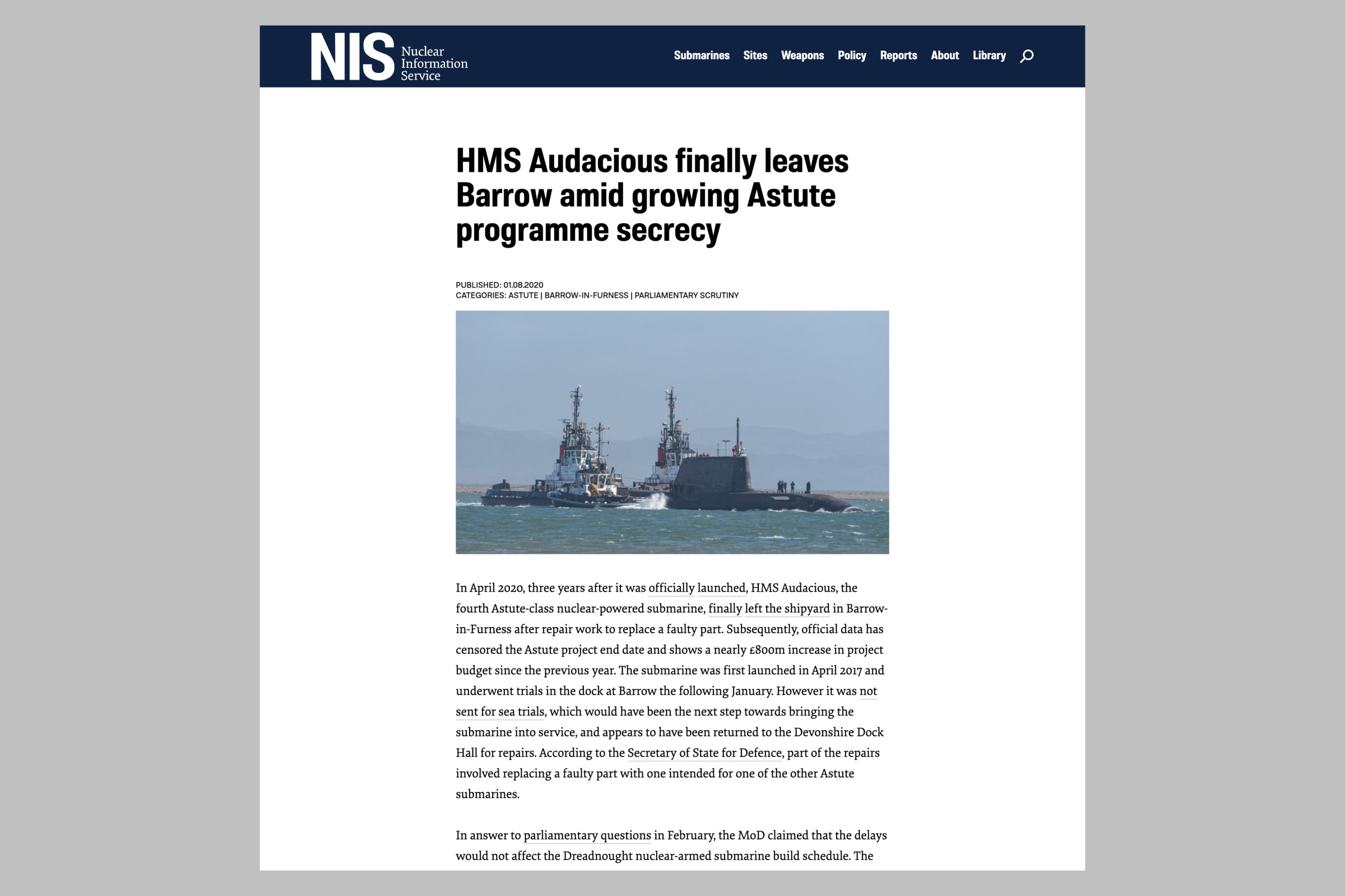 Nuclear Information Service website article